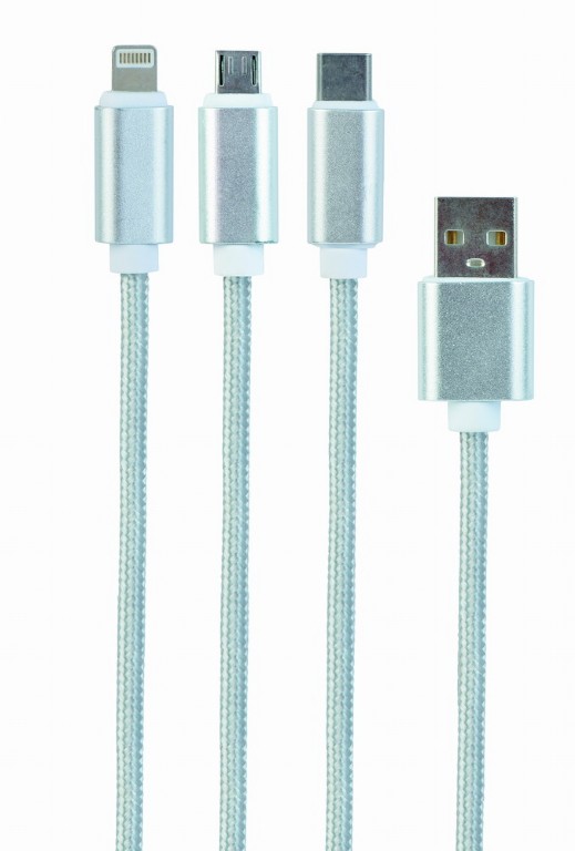 Kábel CABLEXPERT USB A Male/Micro B + Type-C + Lightning, 1m, opletený, strieborný, blister