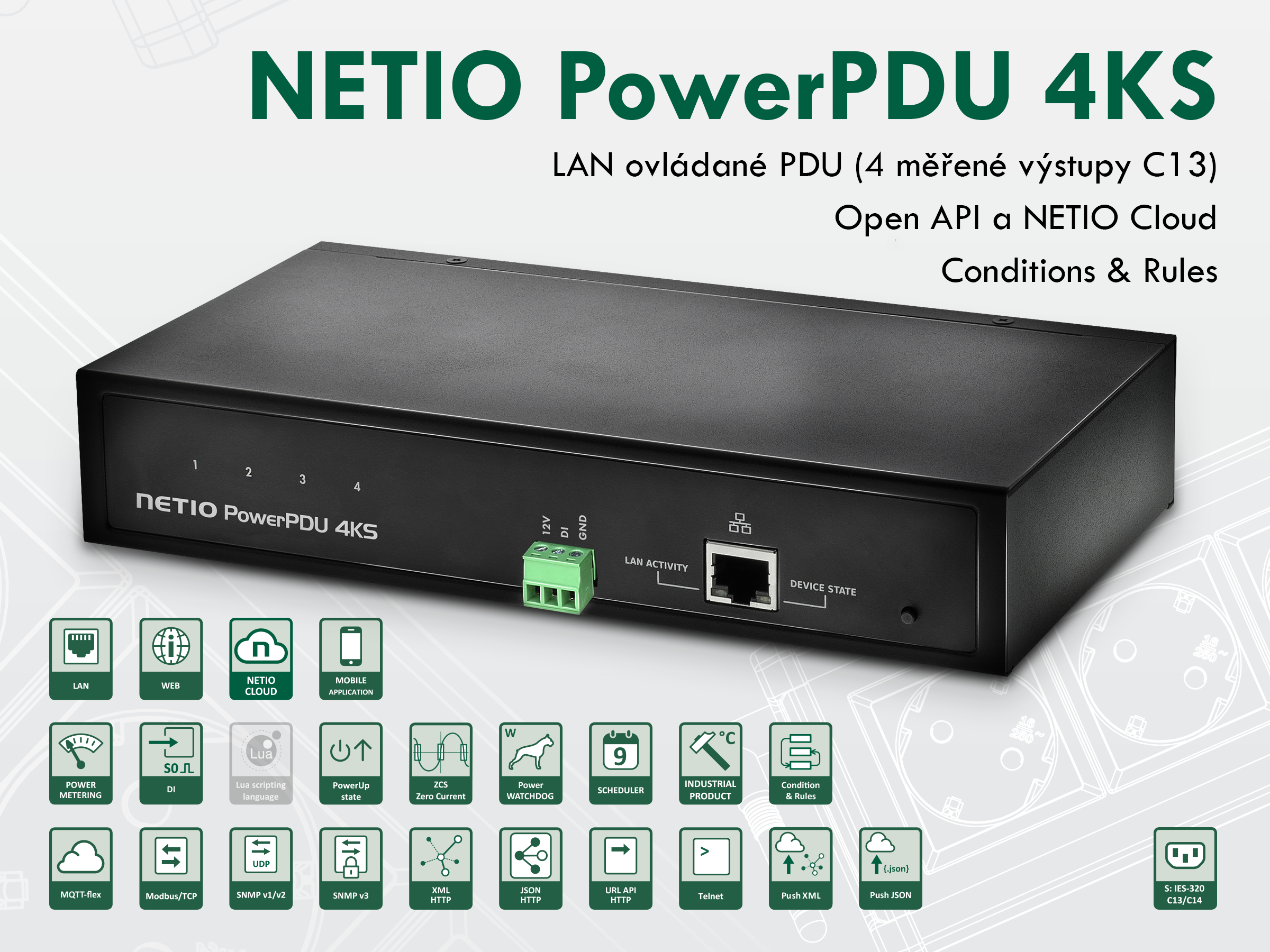 NETIO PowerPDU 4KS EU 4xIEC320 C13, měření el.hodnot, 1xLAN, seriál, SCZ, IOC, API, IP Watchdog, LUA
