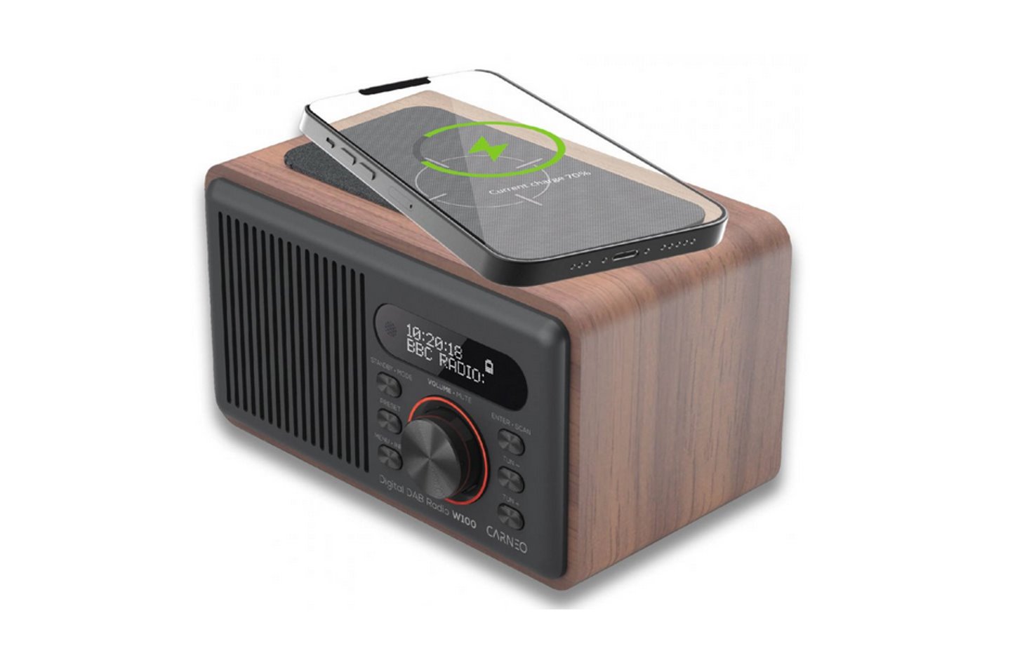 CARNEO W100 Rádio DAB+, FM, BT, Wireless charging, drevo