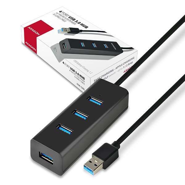 AXAGON HUE-S2BL 4x USB3.0 Charging Hub 1.2m Cable, MicroUSB Charging