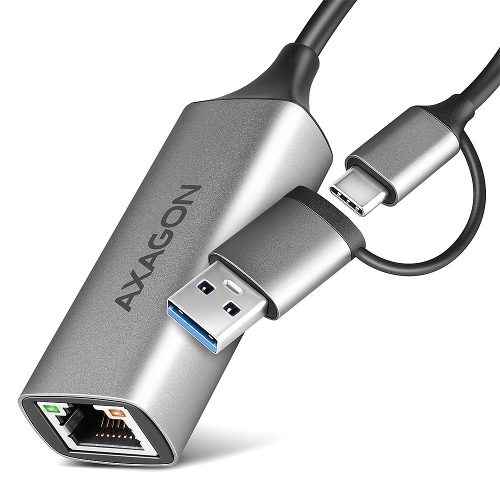 AXAGON ADE-TXCA, USB-C + USB-A 3.2 Gen 1 - Gigabit Ethernet sieťová karta, auto inštal, titánovo šedá