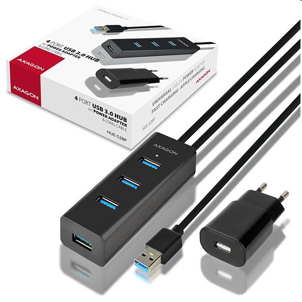 AXAGON HUE-S2BP 4x USB3.0 Charging Hub 1.2m Cable, MicroUSB Charging, Incl. AC Adapter