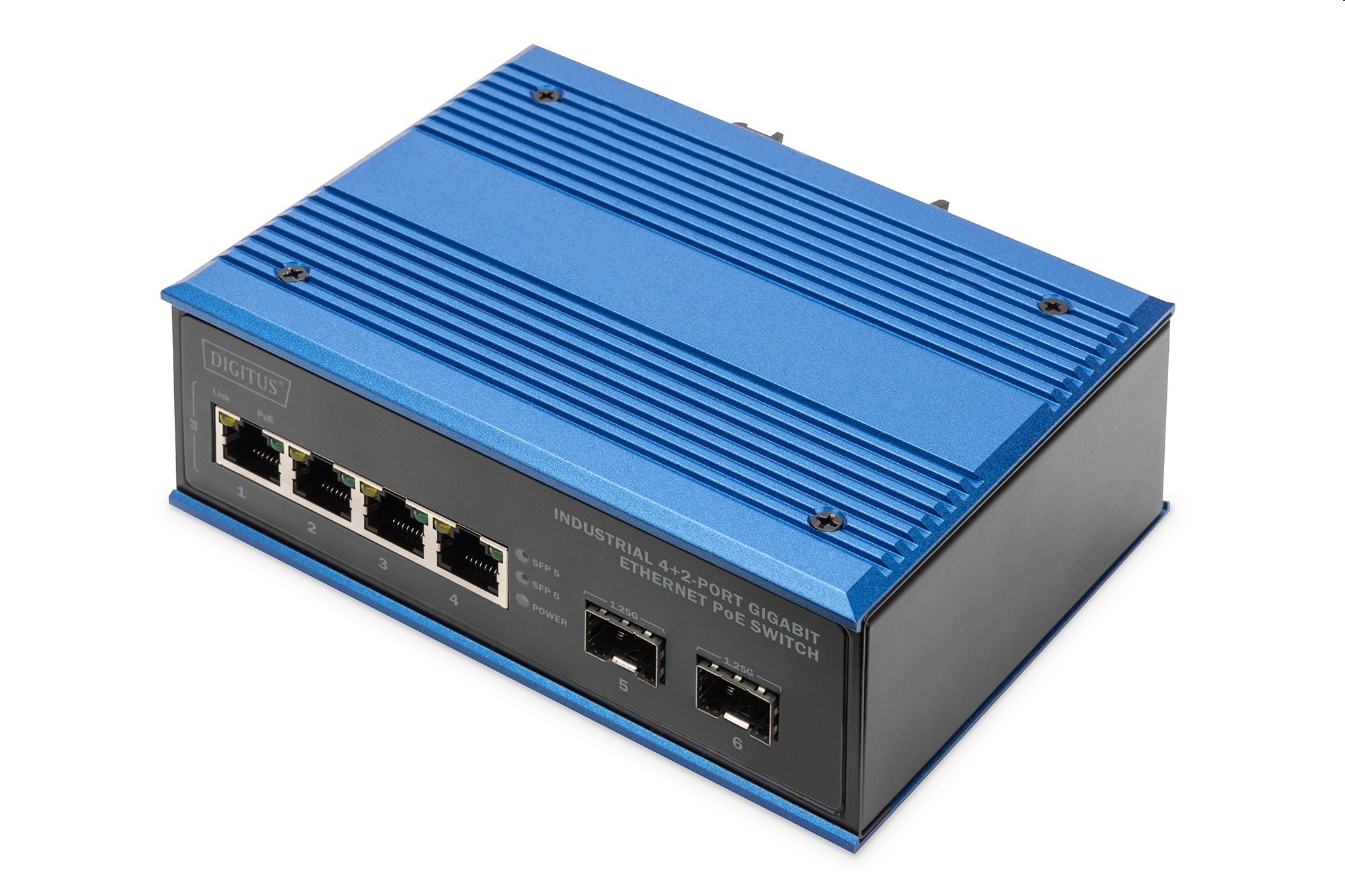DIGITUS Industrial 4+2-Port Gigabit Ethernet PoE Switch 4 Port GE PoE RJ45, 2 GE SFP Port