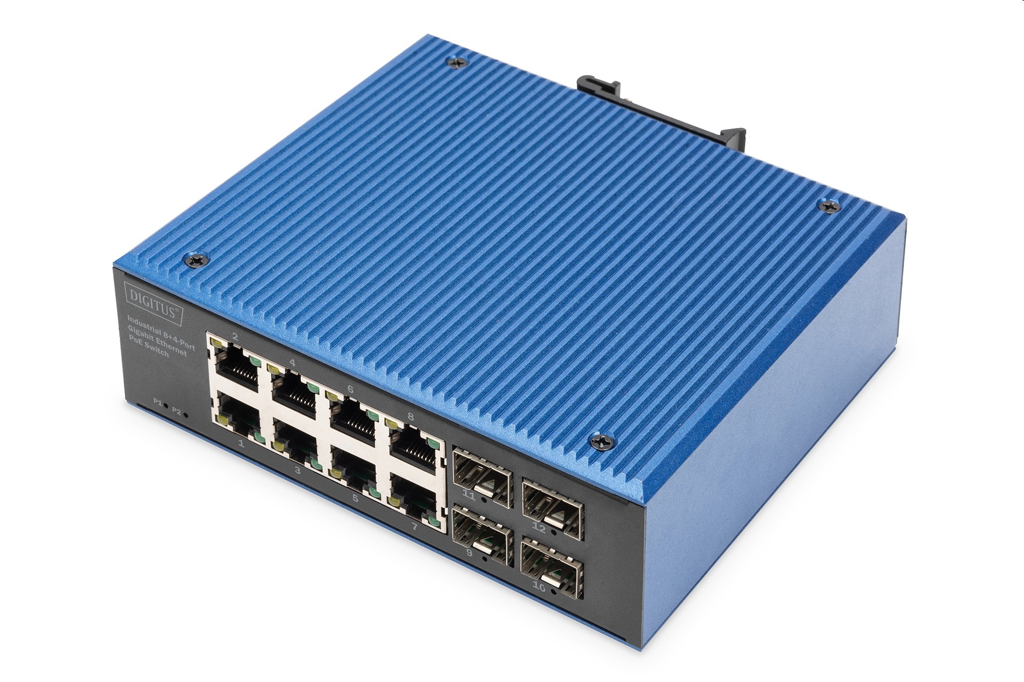 DIGITUS Industrial 8+4-Port Gigabit Ethernet PoE Switch 8 x GE RJ45 + 4 SFP Port, PoE