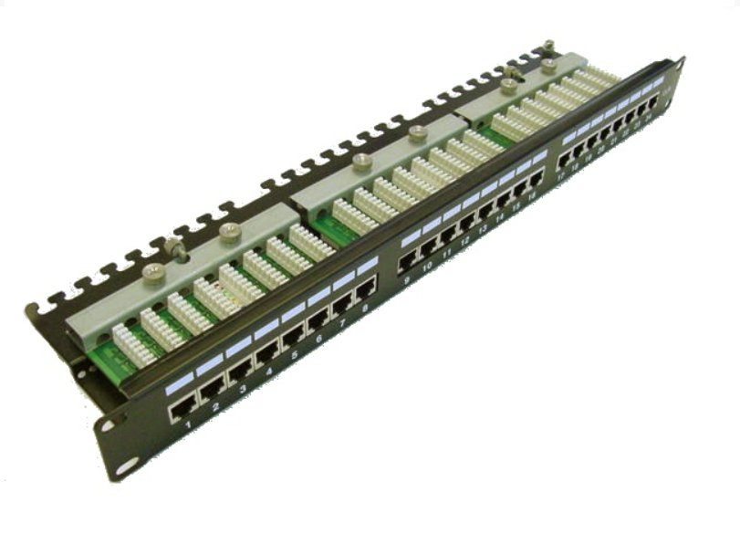 OEM 19" patch panel 24port Cat5E, STP, blok UNI 110, vyväz. lišta, 1U čierny