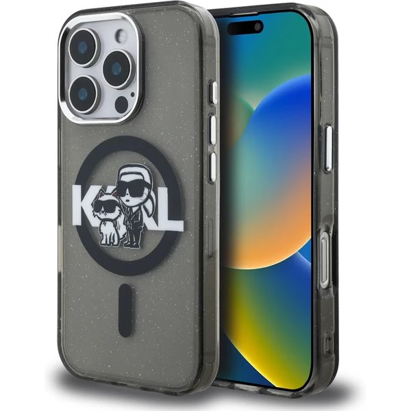 Karl Lagerfeld IML Glitter Karl and Choupette Sketch MagSafe kryt iPhone 16 Pro Max čierny
