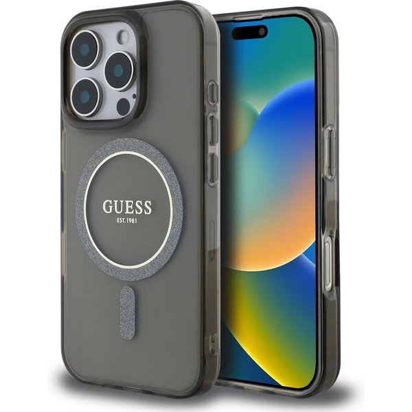 Guess IML Glitter Ring MagSafe kryt iPhone 16 Pro Max čierny