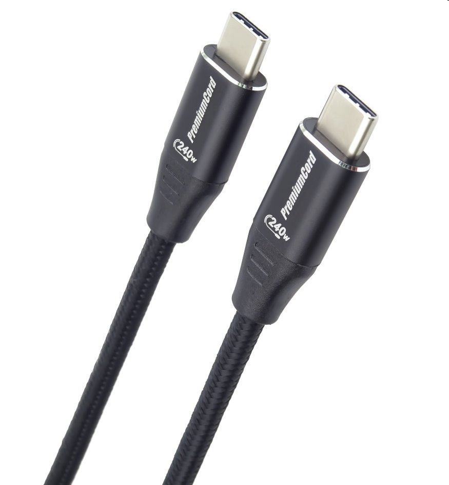 PremiumCord Kábel USB-C M/M, 5A, 240W 480Mbps cierny bavlnený oplet, 2m