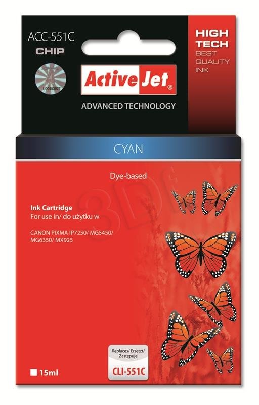Atrament ActiveJet pre Canon CLI-551 Cyan s chipom