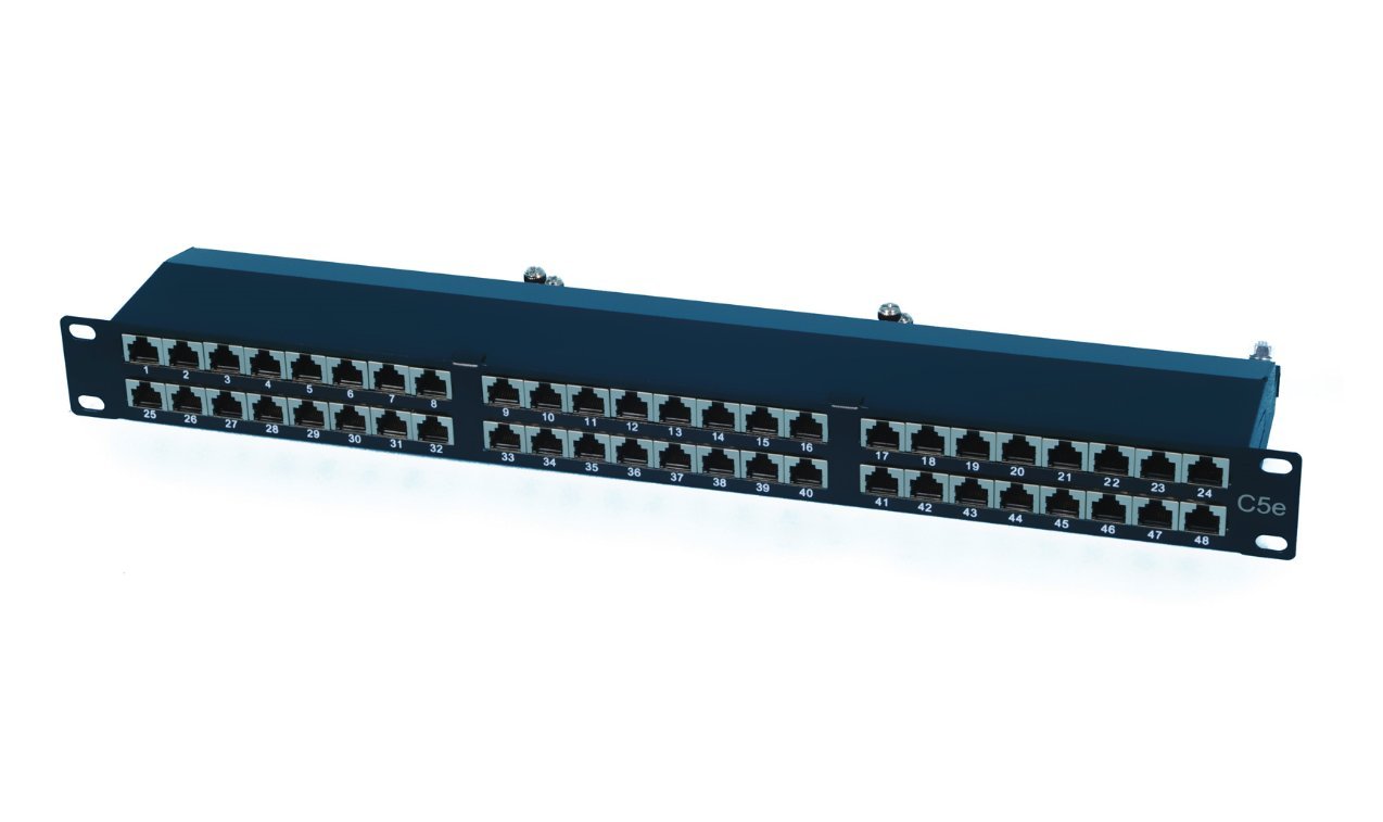 OXnet 19" patch panel 48port Cat5E, STP, blok UNI 110, vyväz. lišta, 1U čierny