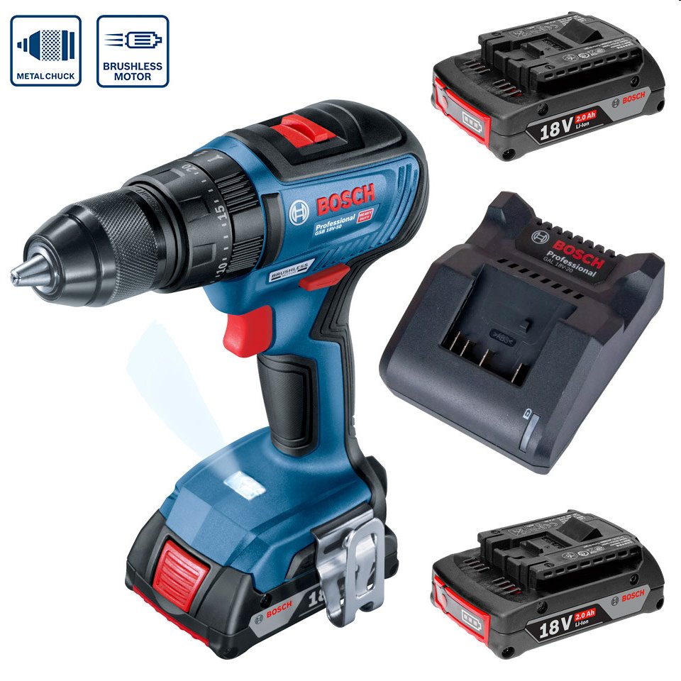 BOSCH Akumulátorový príklepový vŕtací skrutkovač GSB 18V-50, kufor