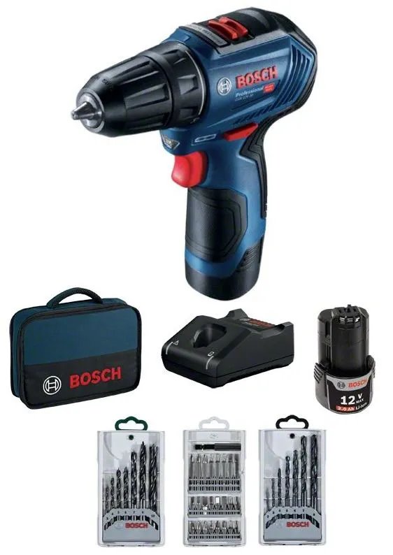 BOSCH Set GSB 12V-30 s 2 Ah + 2 Ah aku + 39 ks príslušenstva + taška